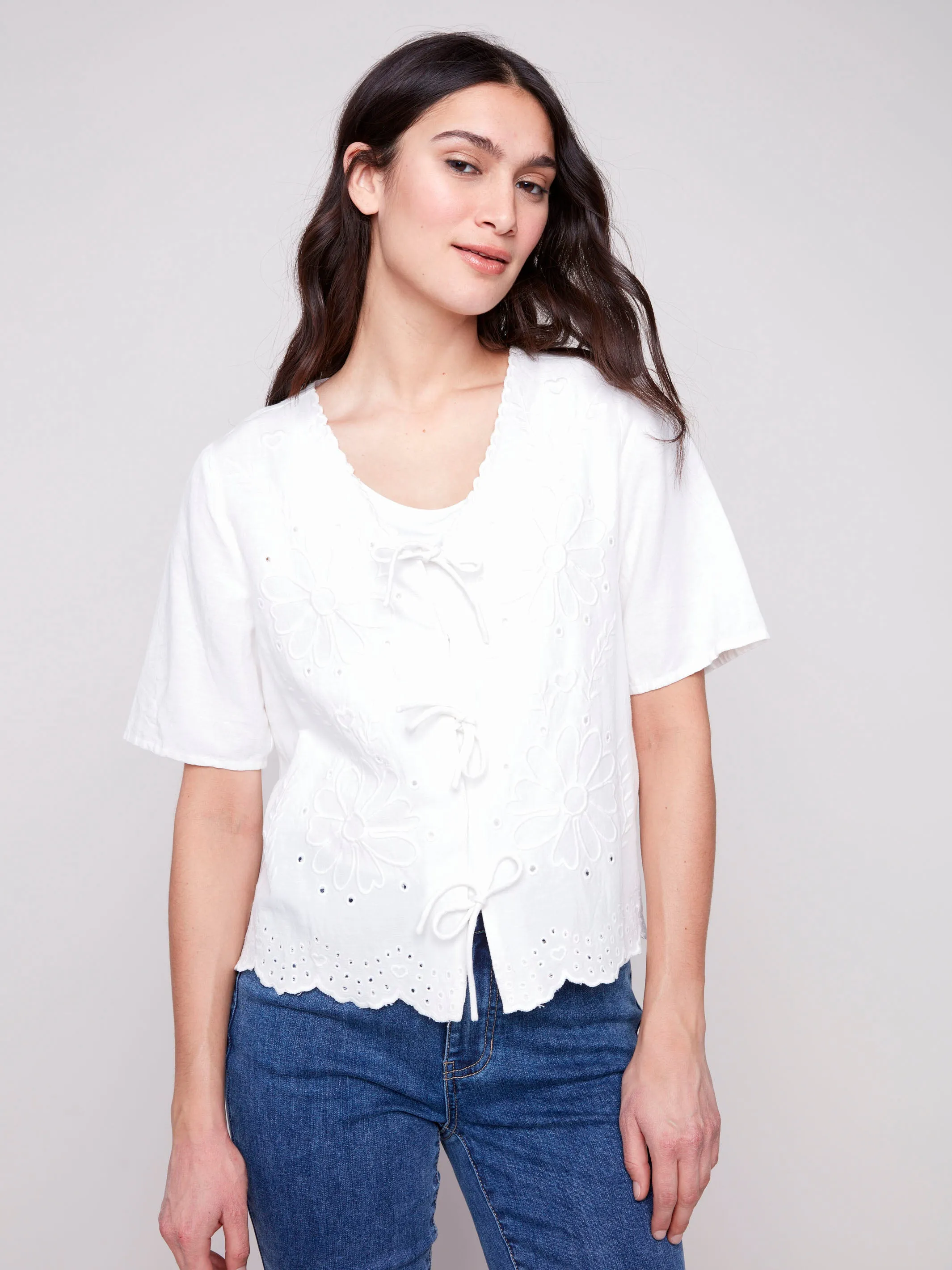 Eyelet Embroidery V-Neck Blouse with Front Ties - White