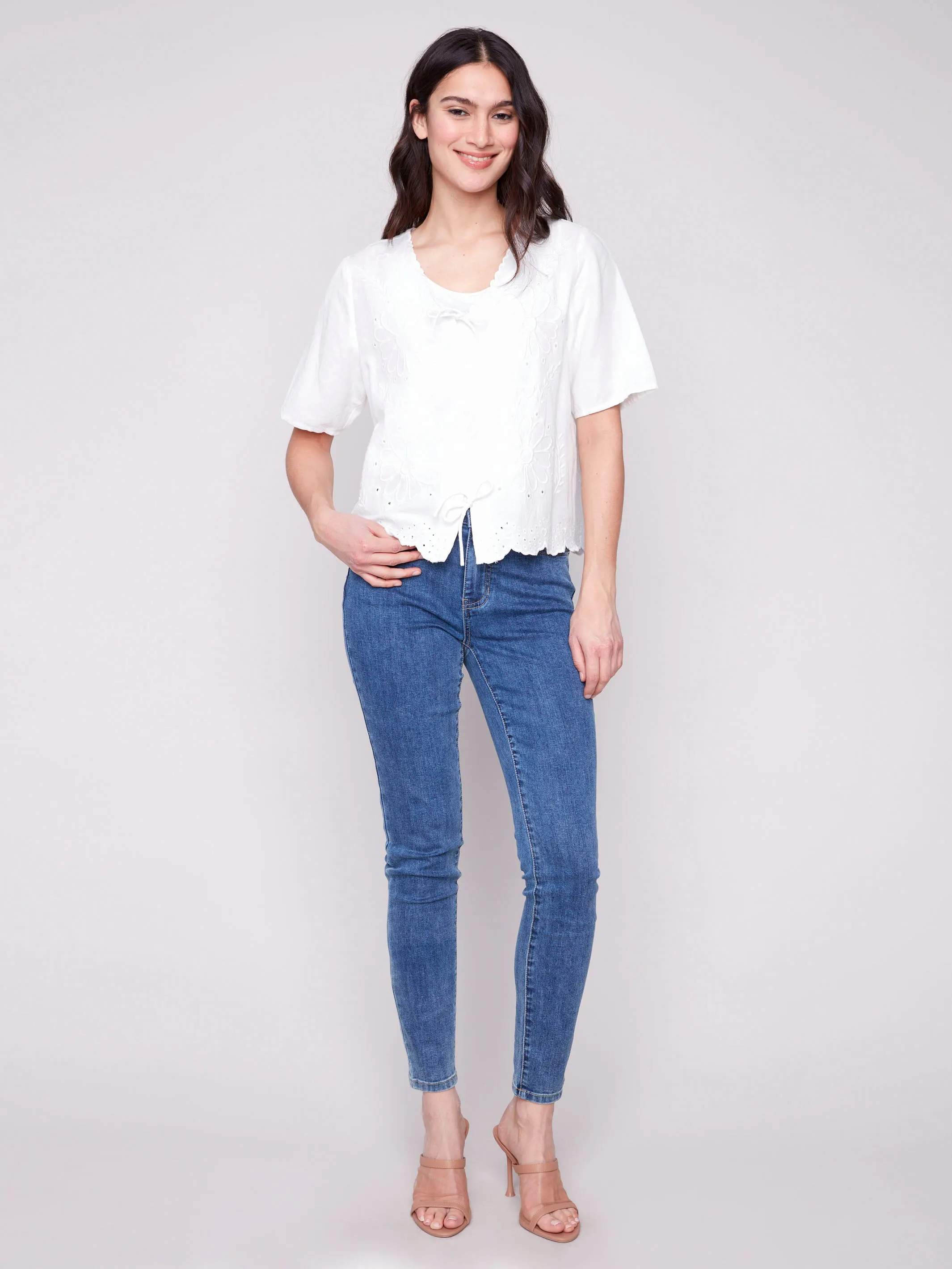 Eyelet Embroidery V-Neck Blouse with Front Ties - White
