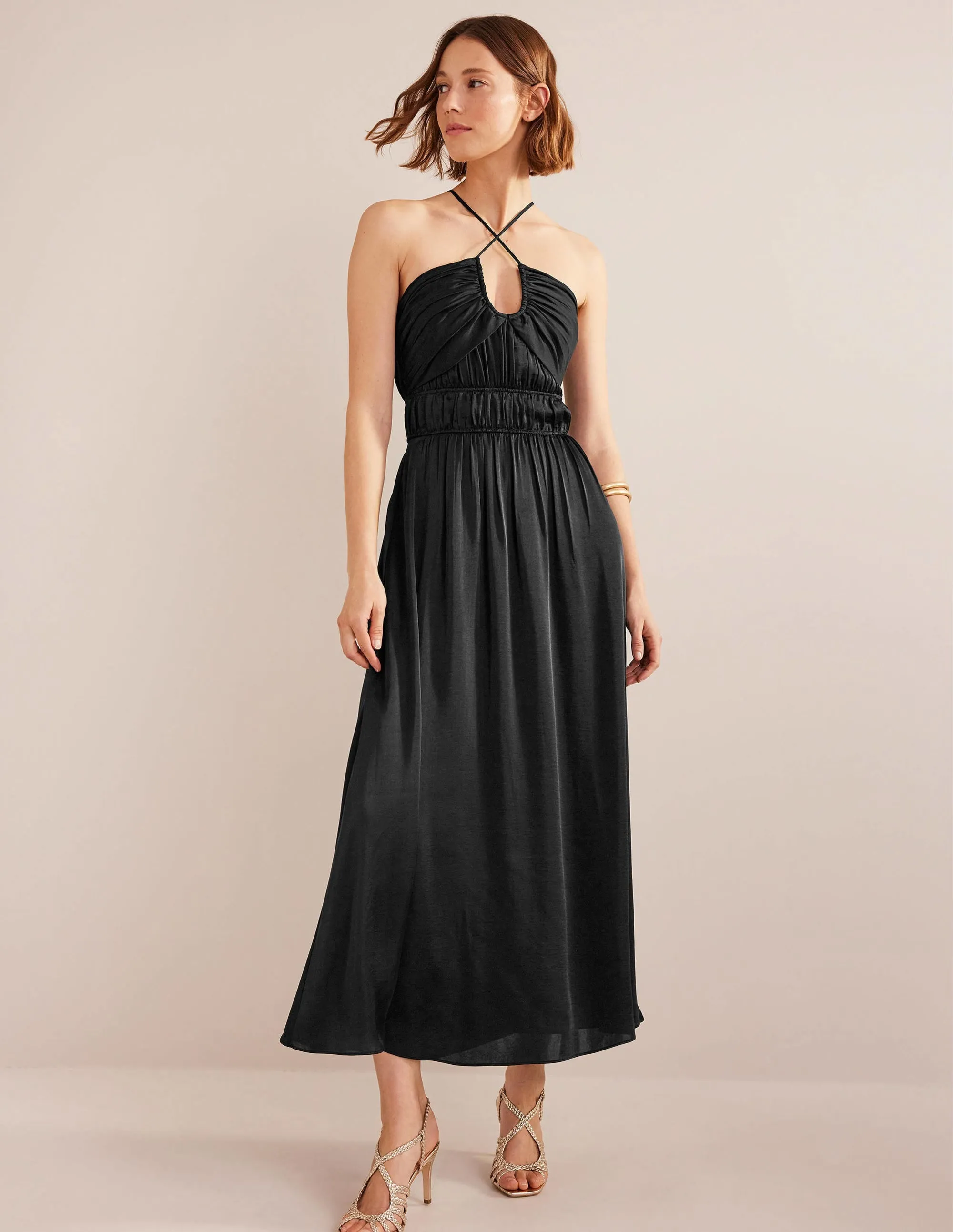 Ruched Bust Satin Maxi Dress-Black
