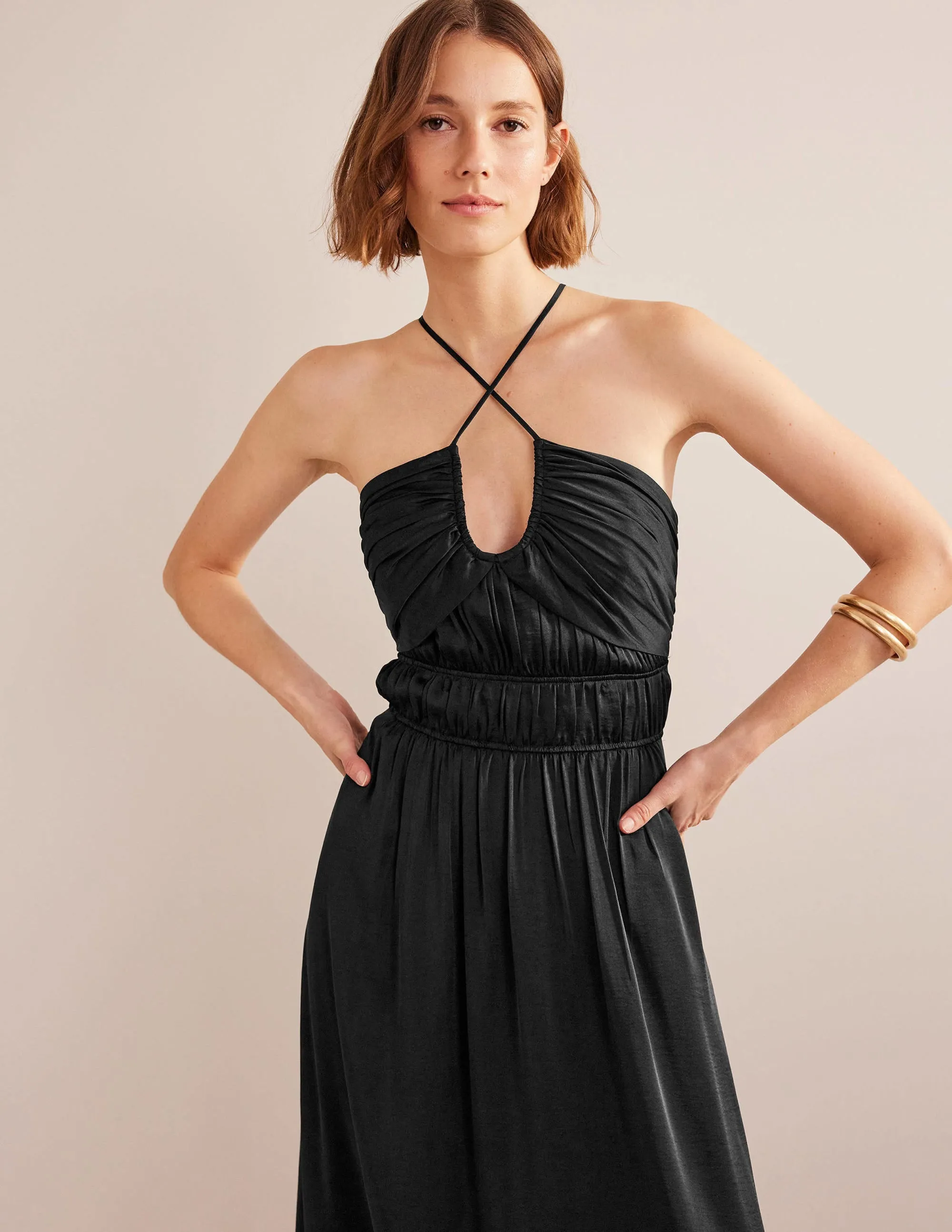 Ruched Bust Satin Maxi Dress-Black