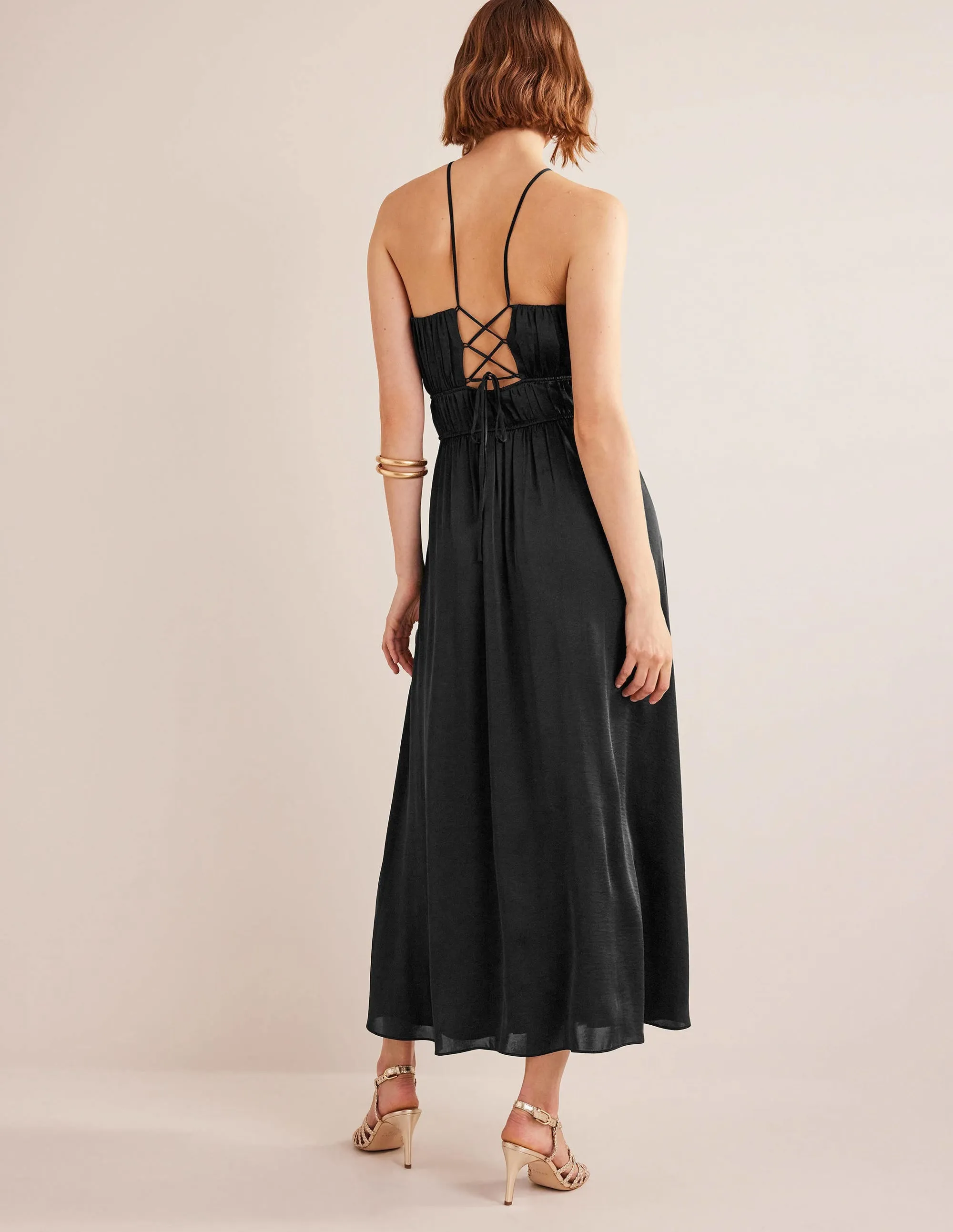 Ruched Bust Satin Maxi Dress-Black